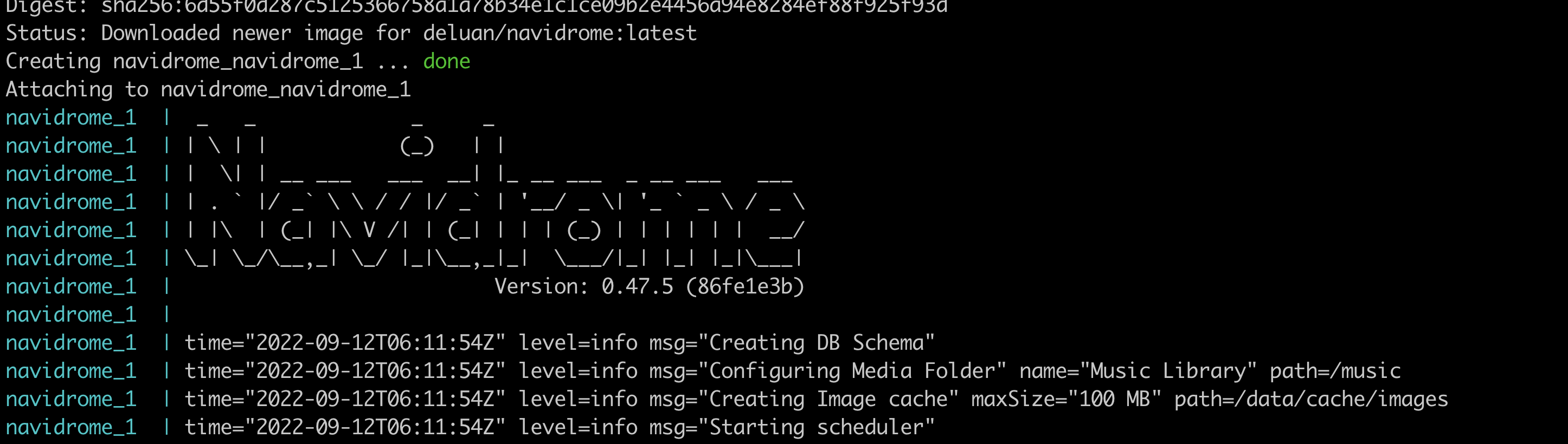 navidrome startup logs in the terminal