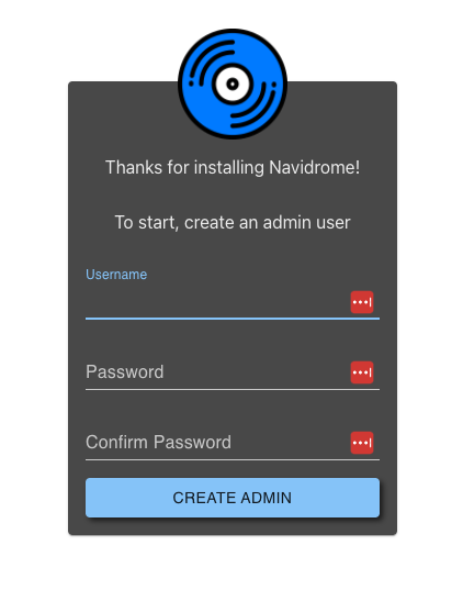 Navidrome default admin creation screen