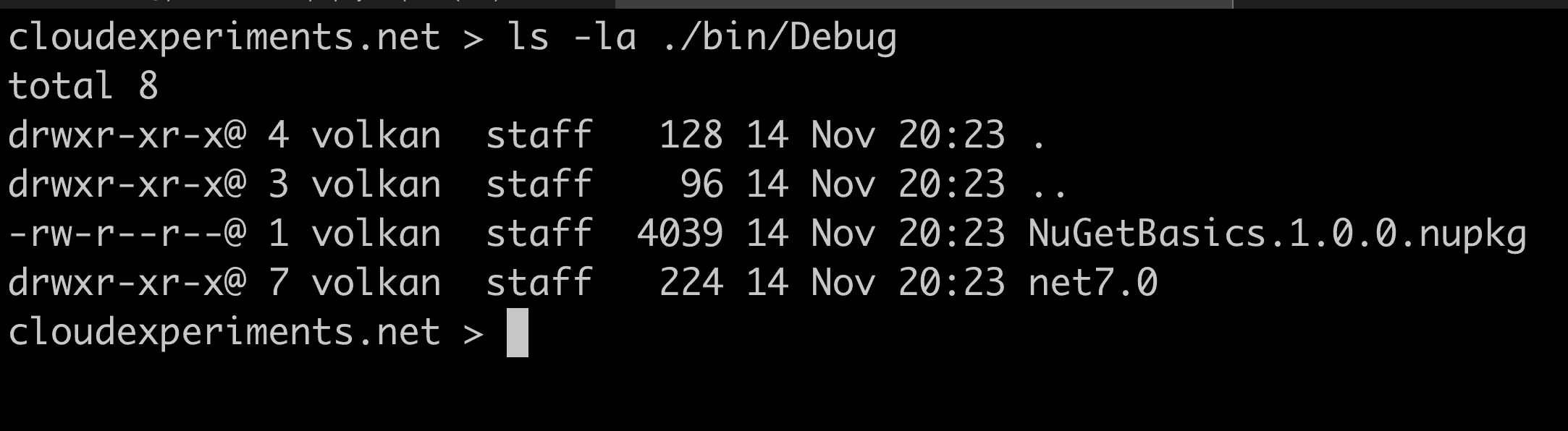 Terminal window showing the contents of bin/Debug directory