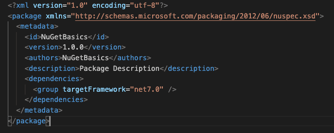 Contents of .nuspec file showing the required elements