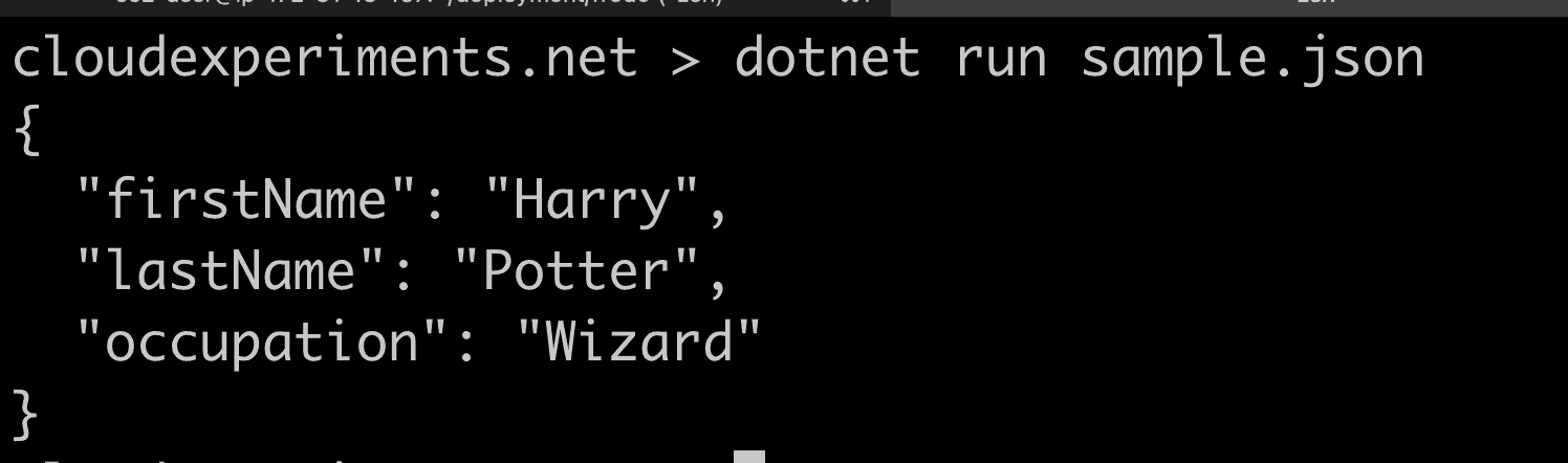 Terminal window showing the output of a sample JSON file