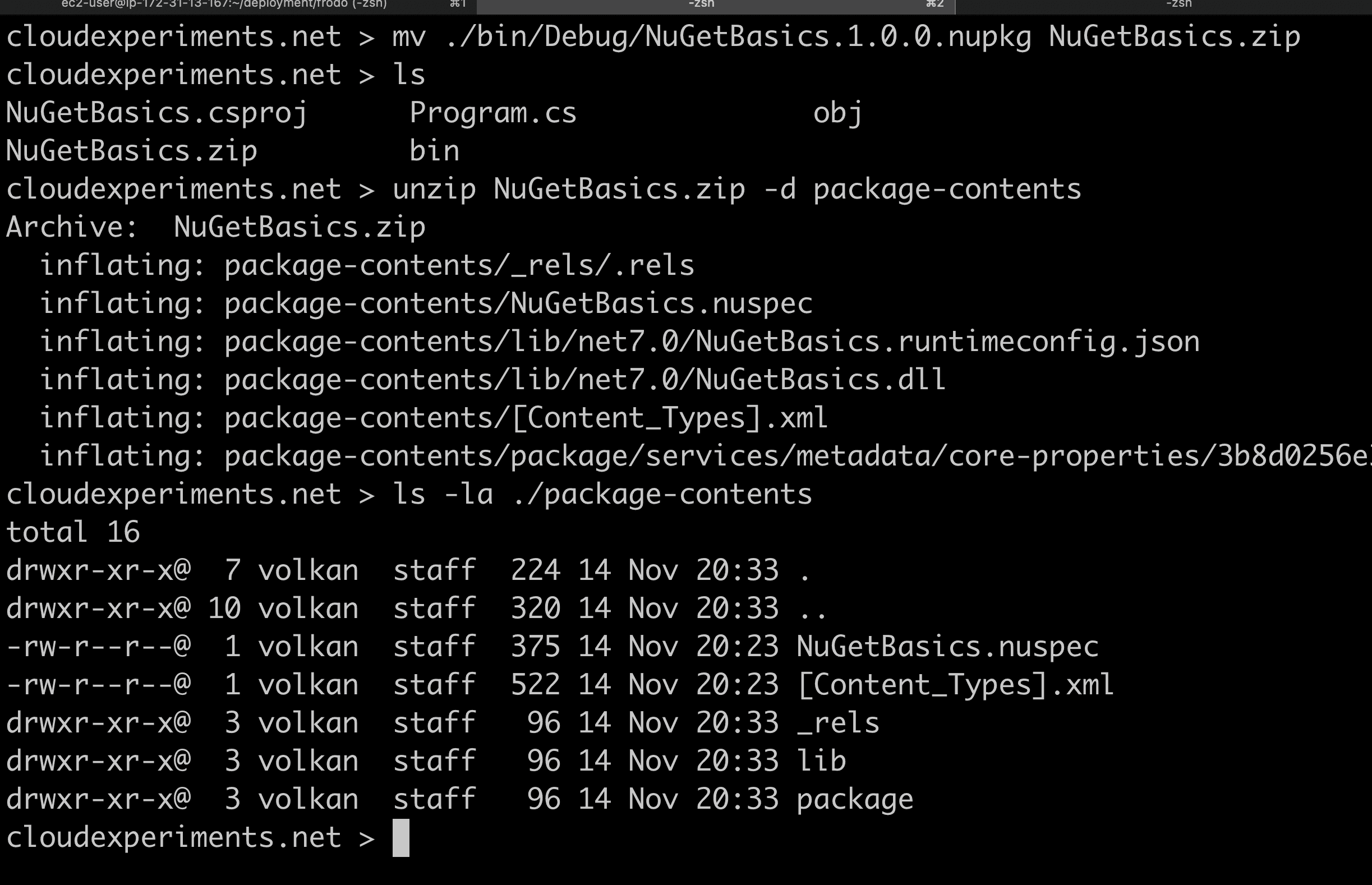 Terminal window showing the commands to rename the .nupkg file to a zip file, extract it and list the contents