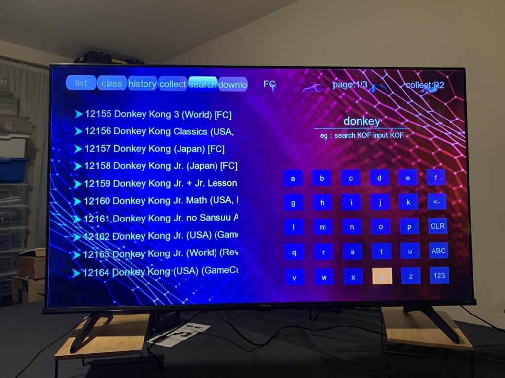 Retro gaming console showing the search results for donkey and showing all versions of Donkey Kong game.