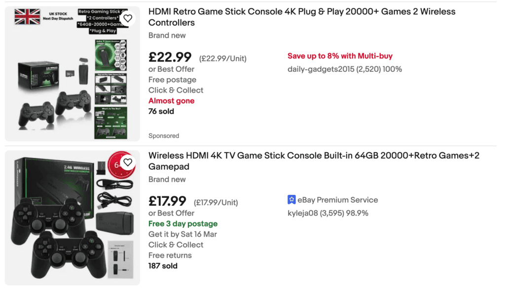 Screenshot of identical retro gaming consoles listed on eBay