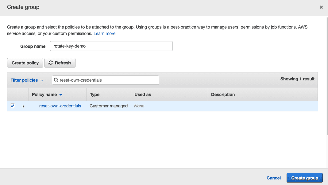 Create group page showing the group name (rotate-key-demo) and policy )reset-own-credentials) selected int he list. Also there is Create group button at the bottom right.