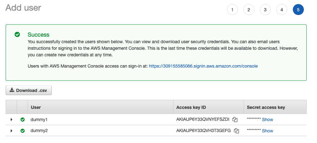 Add user page after the users have been created. It shows the user names, access key ids and secret access keys (masked)