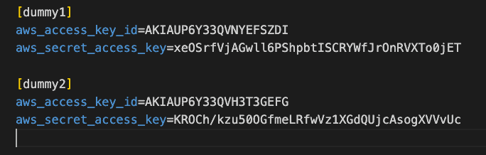 AWS credentials file showing the newly created users' access key ids and secret access keys