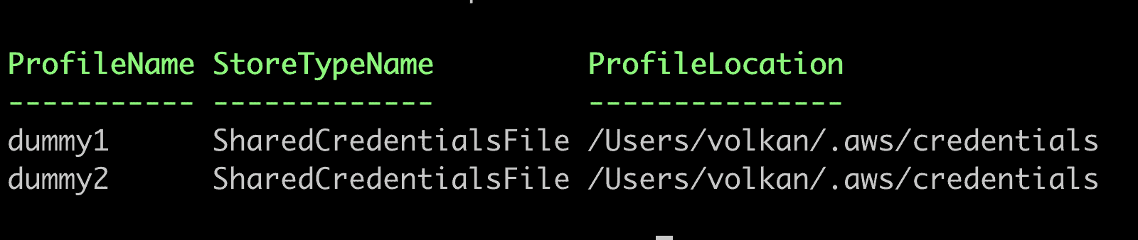 Get-AWSCredential output showing the profilename, storetypename (SharedCredentialsFile) and profile location