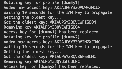 Script output showing the access keys have been replaced.