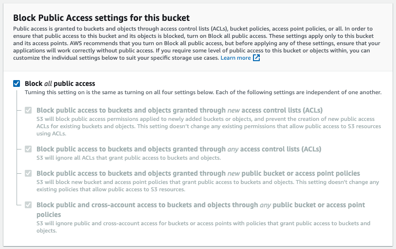 Amazon S3 setting  showing block all public access is selected by default