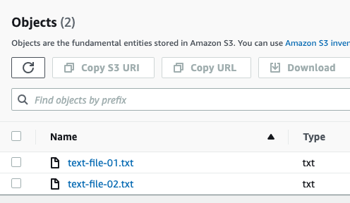 The object list in the bucket showing 2 files