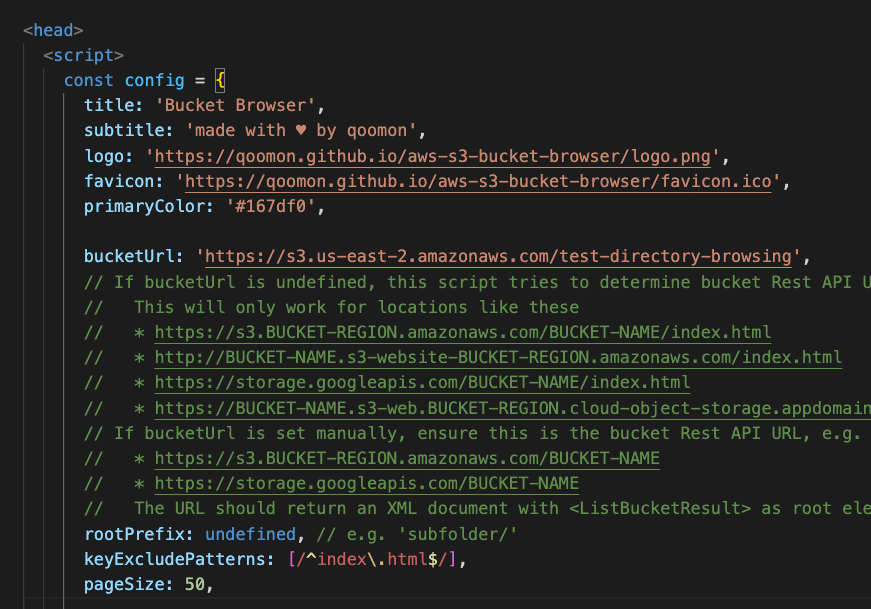 Screenshot of index.html showing the bucketUrl