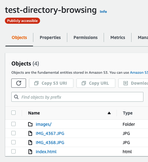 Contents of the example bucket showing and index.html, a folder and two images