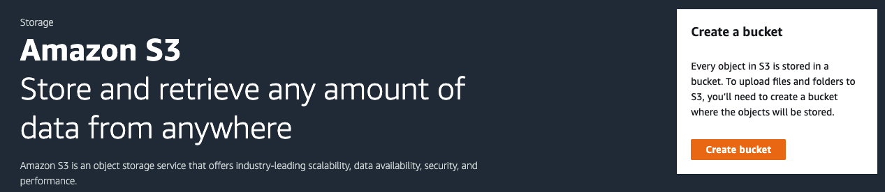 Amazon S3 dashboard showing Create bucket button