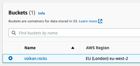 S3 dashboard showing the newly created bucket named volkan.rocks in eu-west-2 region