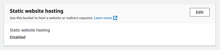 Static website hosting properties showing it's disabled by default