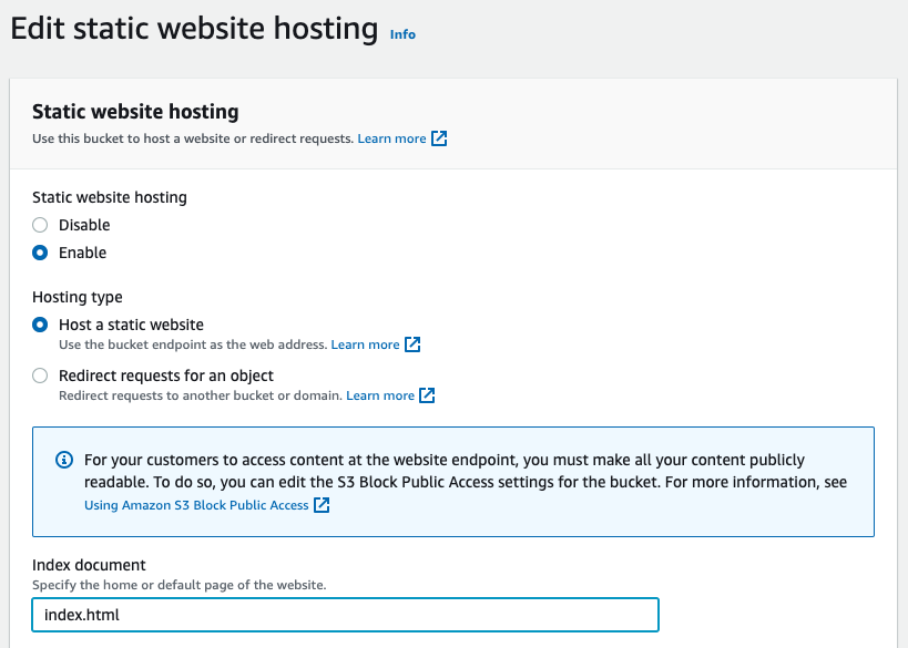 Static website hosting settings show it's enabled to host a static website and uses index.html as the index document
