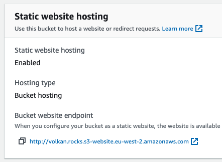 Updated static website hosting settings show it's enabled and the URL of the website
