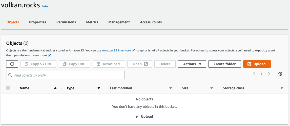 Bucket objects tab showing the Upload button