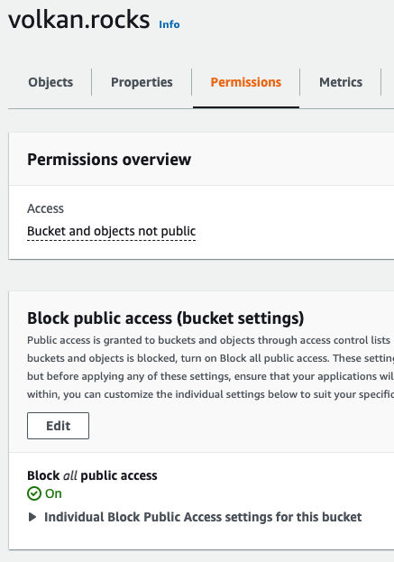 Bucket permissions overview showing "Bucket and objects not public" and Block public access (bucket settings) is on.