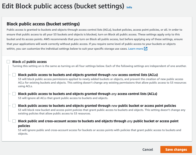 Block public access setting unchecked
