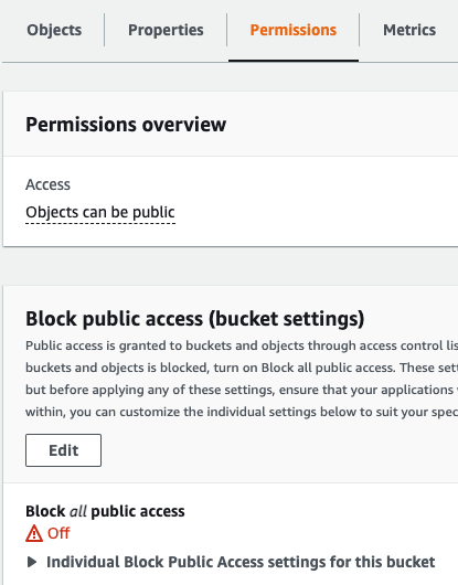 Permissions showing "Objects can be public" message and block all public access is off