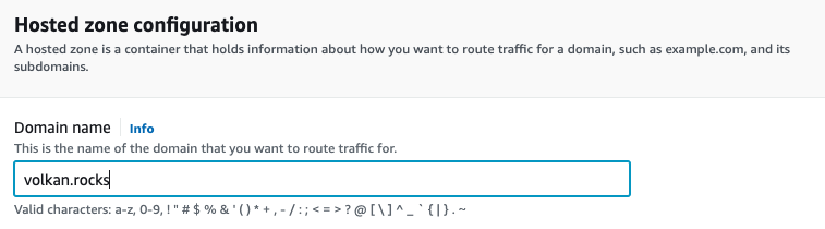 Hosted zone configuration showing the domain name