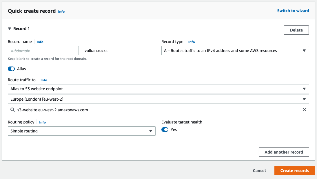 New record creating an alias to the S3 bucket 