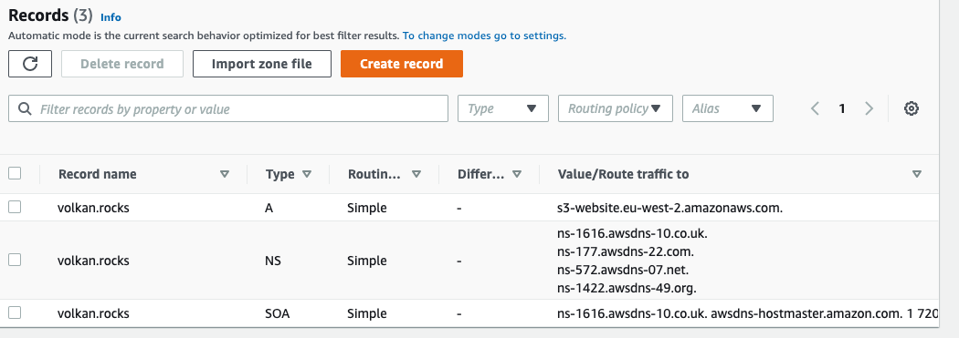 Hosted zone records showing the new A record