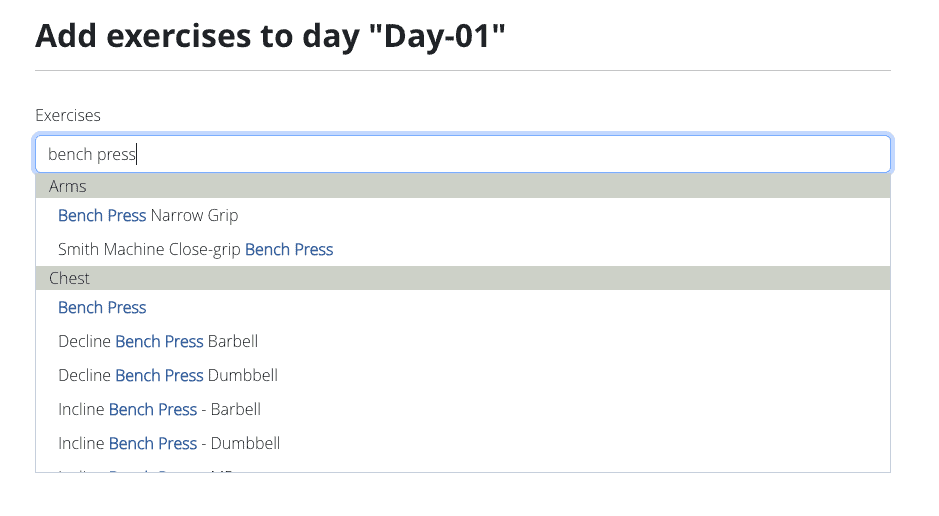 Add exercises page showing a keyword entered and auto-complete suggesting matching exercises.