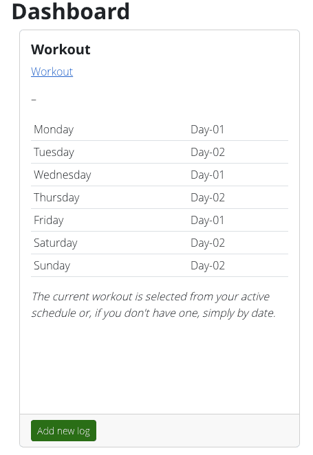 Dashboard showing the workout days and Add new log button under the table.