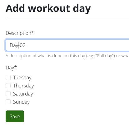 Add workout day page shows the description field and the remaining days of the week.