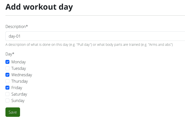 Add workout day page showing the description field and days of the week.