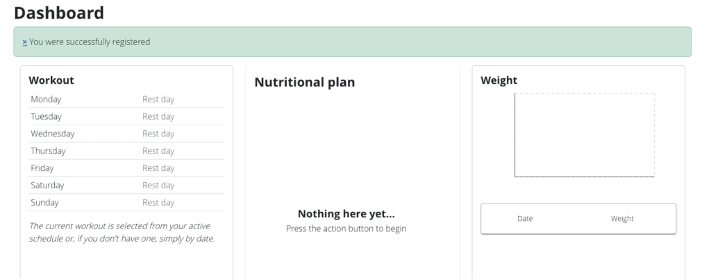 wger dashboard showing workouts, nutritional plan and weight, without any data, after the registration.