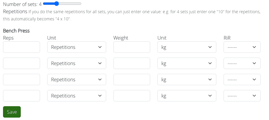 Exercise settings showing reps, weight, unit and RiR for each set