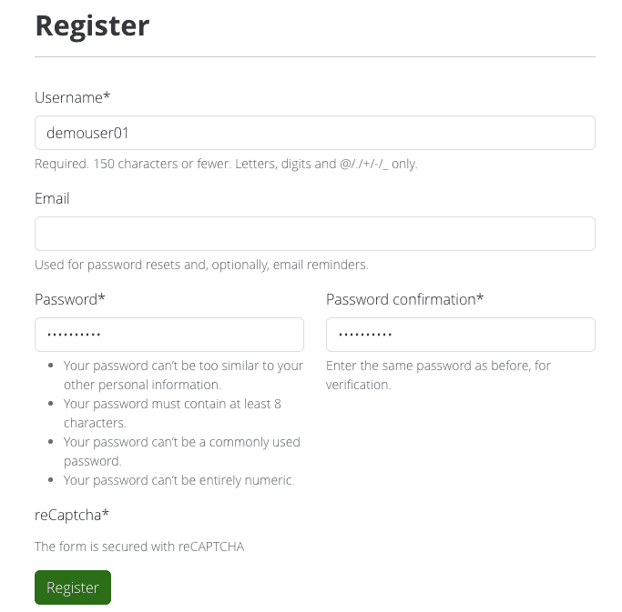 Register form showing username, email and password fields.