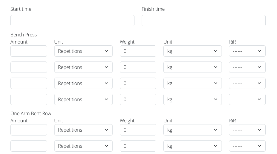 Add new logs page showing the details of all the exercises in the day to add logs to.