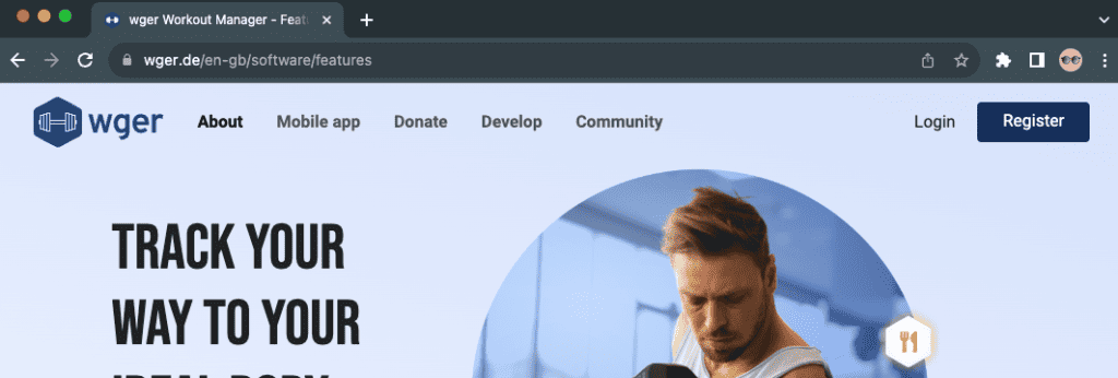 wger main page showing the Register button on the top right