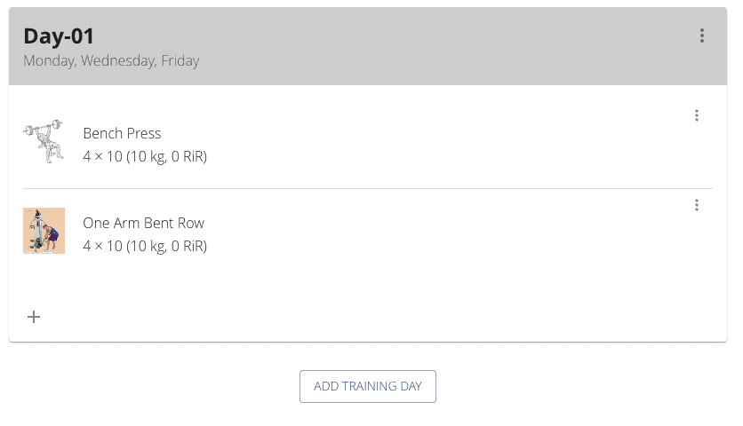 Exercise day showing all the exercises added to the day