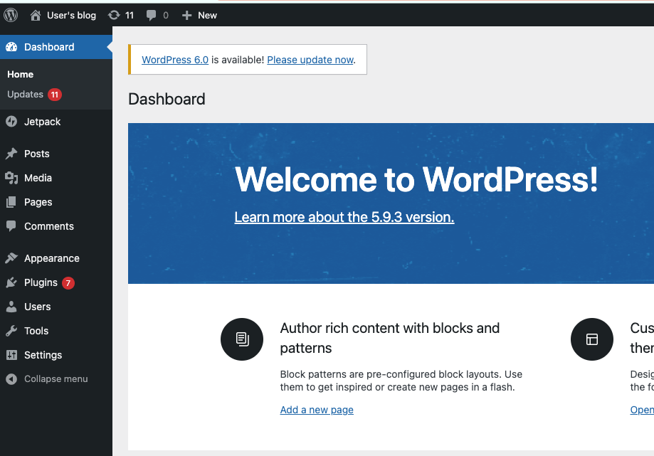 WordPress dashboard