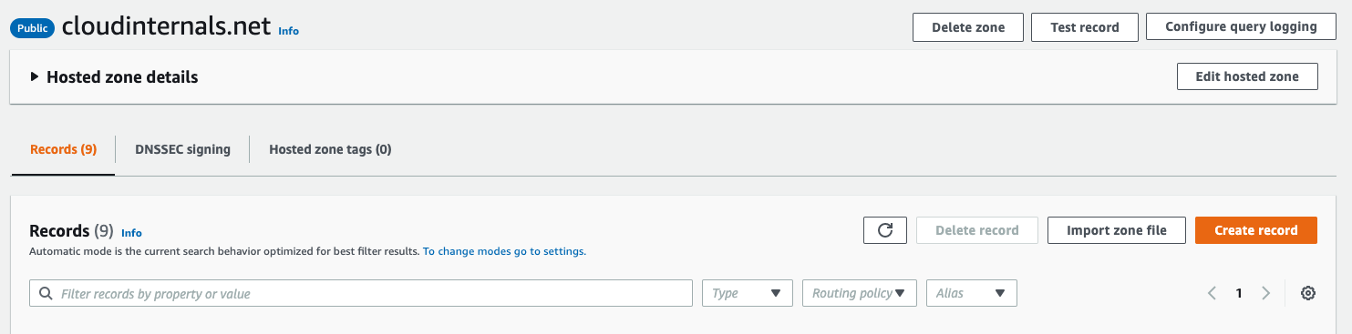 Create a record in Amazon Route53 hosted zone