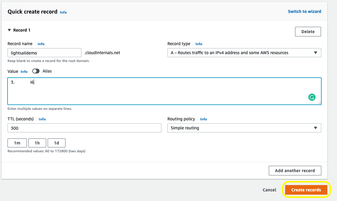 Enter record details and click create records