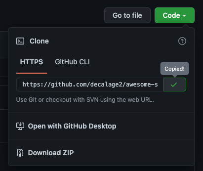 A dialog box is displayed after clicking the Code button, showing the HTTPS tab and the link copied to the clipboard by clicking the Copy button next to the link