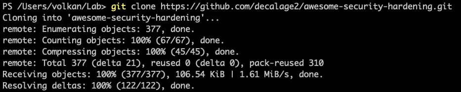 A terminal window showing successful results of a git clone command