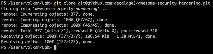 Terminal window showing successful output of git clone command using SSH method