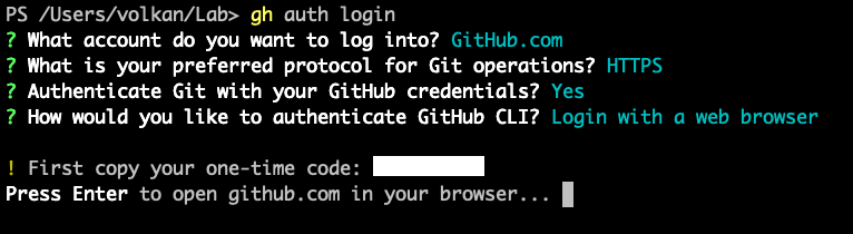 Terminal window showing output of gh auth login command. Selected GitHub.com, HTTPS, GitHub credentials and login with a web browser options