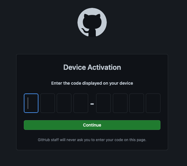 GitHub webpage asking for a Device Activation code