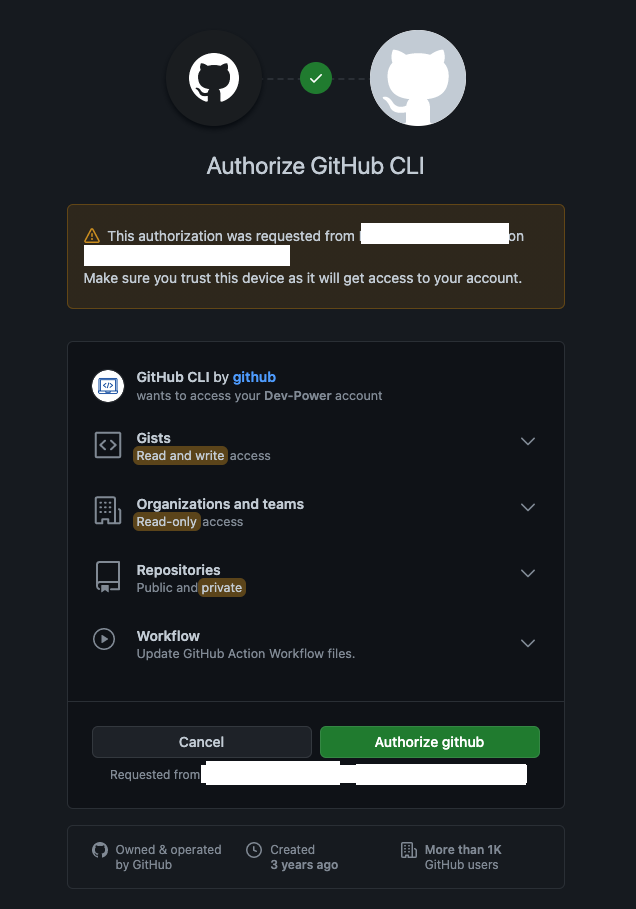Authorize GitHub CLI page asking for permissions for CLI to access GitHub