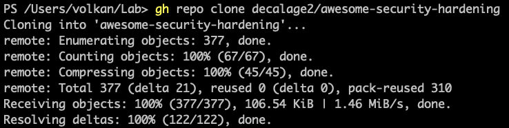 Terminal window showing successful output of gh repo clone command