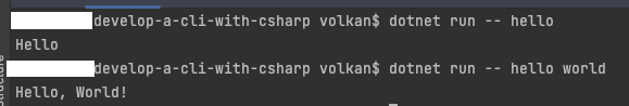 Terminal window showing application output showing hello and hello world commands executed